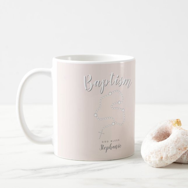 Baptism Rosary on Pink Coffee Mug (With Donut)
