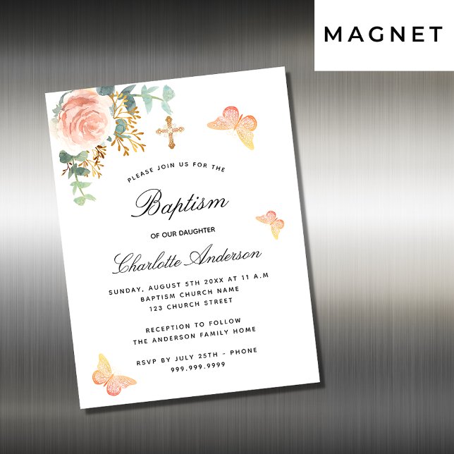 Baptism rose floral butterfly invitation magnet (Creator Uploaded)