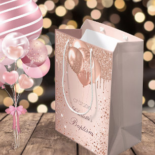 Baptism rose gold blush glitter drips balloons small gift bag