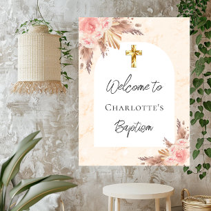 Baptism rose gold blush pampas grass arch welcome poster