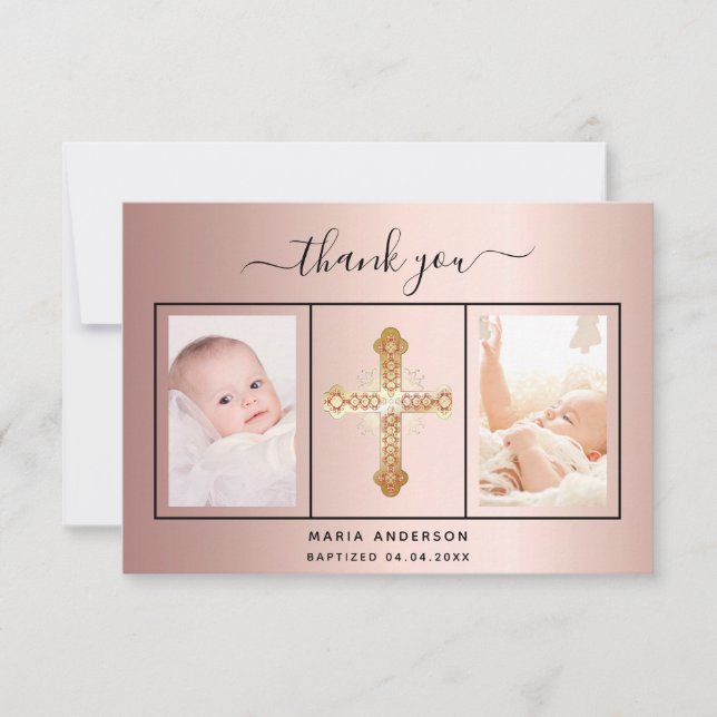 Baptism rose gold blush photo script girl  thank you card (Front)