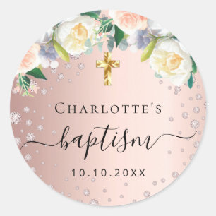 Baptism rose gold blush pink florals girl name classic round sticker