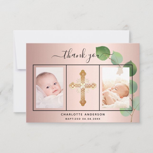 Baptism rose gold eucalyptus photo thank you card (Front)