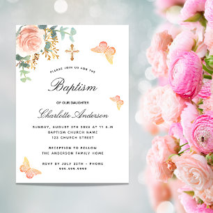 Baptism rose gold floral butterfly eucalyptus invitation