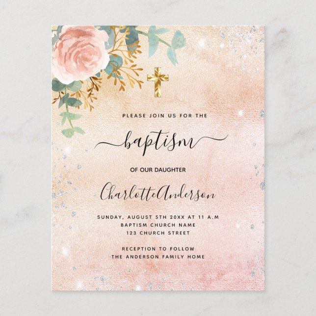 Baptism rose gold floral eucalyptus invitation (Front)