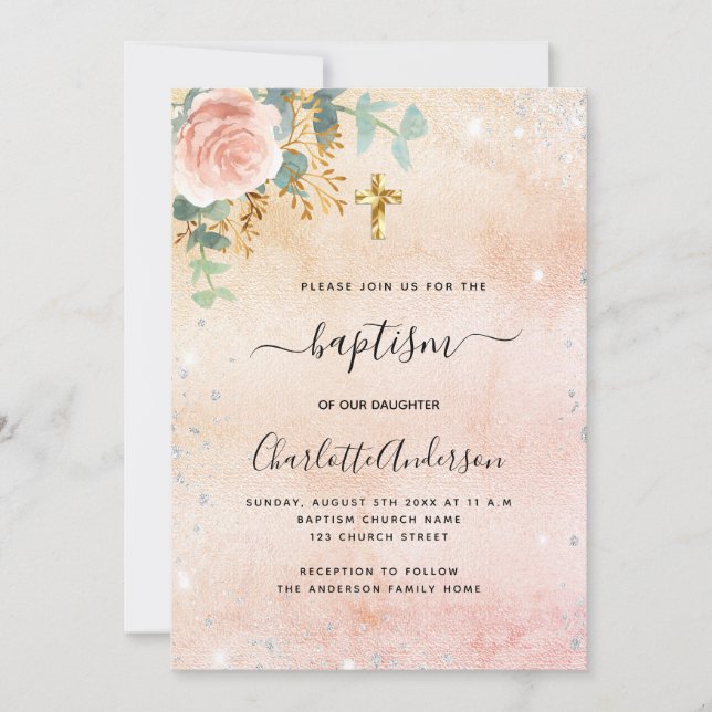 Baptism rose gold floral eucalyptus silver sparkle invitation (Front)