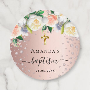 Baptism rose gold floral white pink girl favour tags