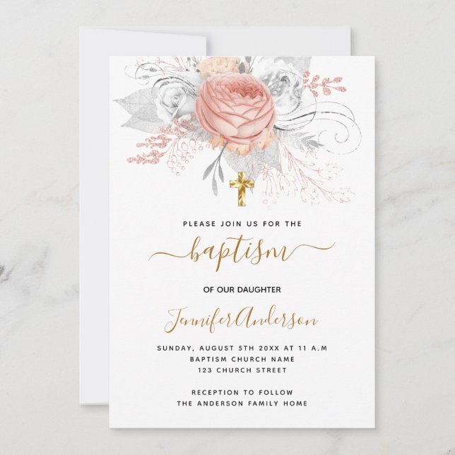 Baptism rose gold florals girl elegant white invitation (Front)