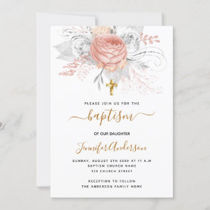 Baptism rose gold florals girl elegant white invitation