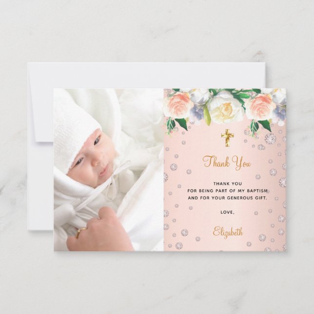 Baptism rose gold florals girl photo thank you card (Front)