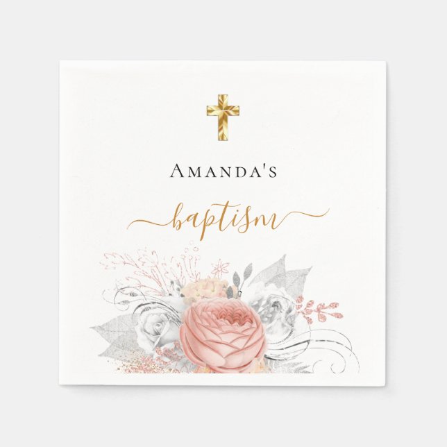 Baptism rose gold flower white elegant name girl napkin (Front)