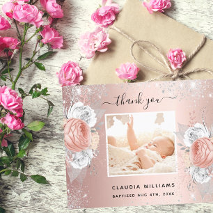 Baptism rose gold girl floral photo thank you card