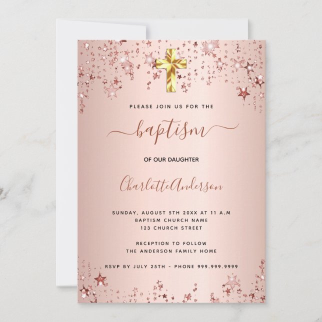 Baptism rose gold stars girl elegant invitation (Front)