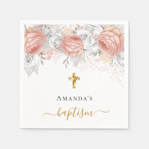 Baptism rose gold white flowers elegant name girl napkin