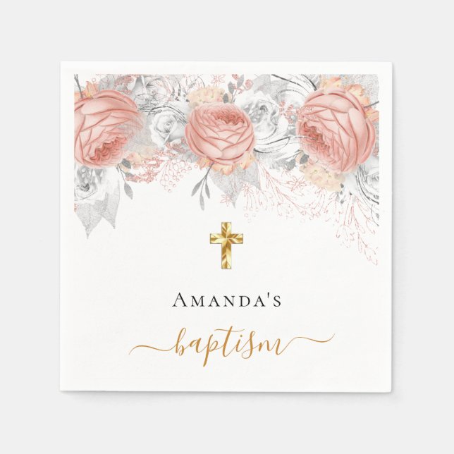 Baptism rose gold white flowers elegant name girl napkin (Front)