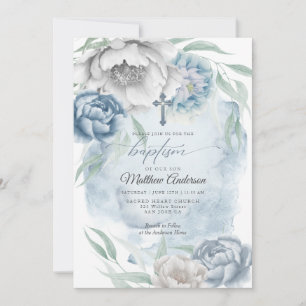 BAPTISM Rustic Dusty Blue Alabaster Flowers Invitation