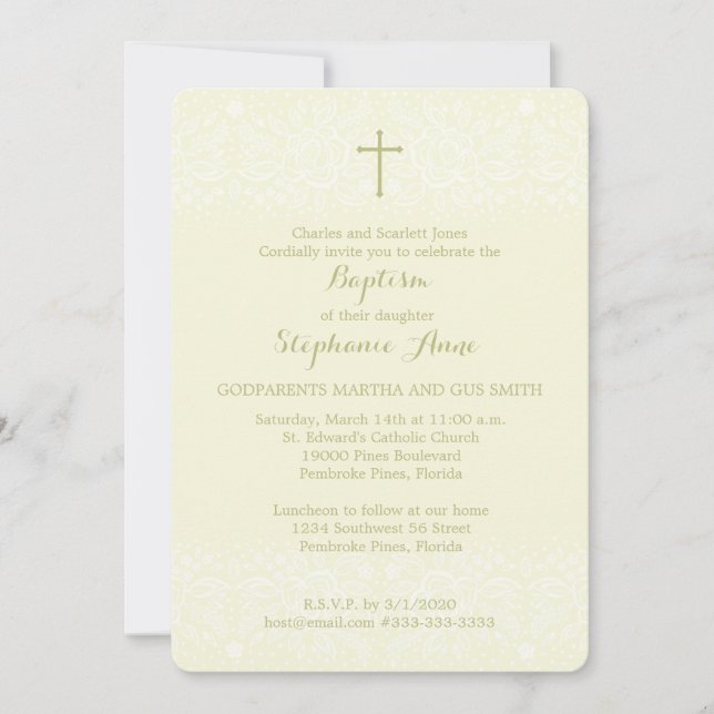 Baptism Sage Delicate Floral Lace Invitation (Front)