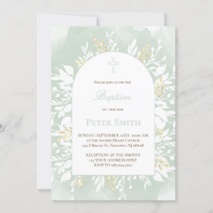 Baptism sage green watercolor foliage  invitation