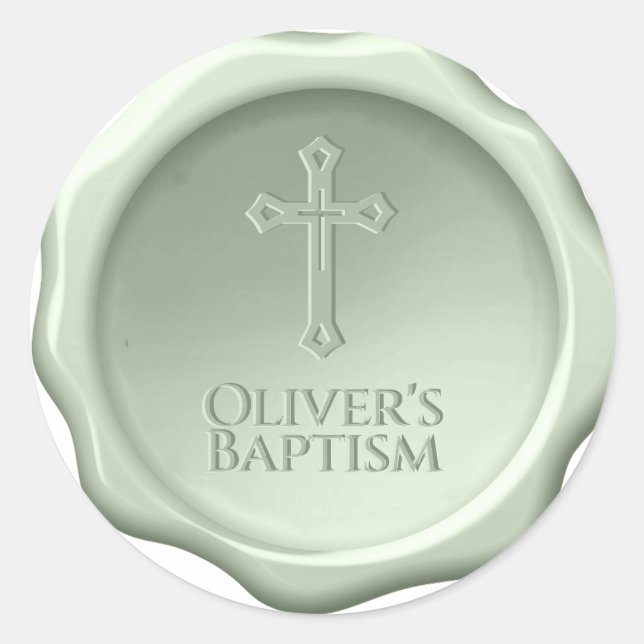 Baptism Sage Wax Seal Embossed Cross & Name Green (Front)