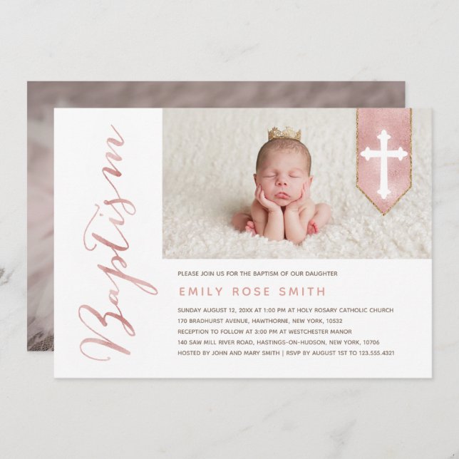 Baptism Script Shiny Blush Photo Invitation (Front/Back)