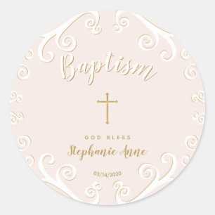 Baptism Scrolls in Pink and Gold Classic Round Sticker