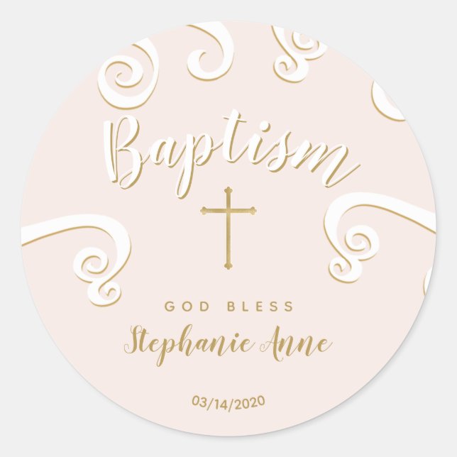 Baptism Scrolls in Pink and Gold Classic Round Sticker (Front)