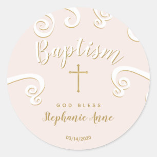 Baptism Scrolls in Pink and Gold Classic Round Sticker