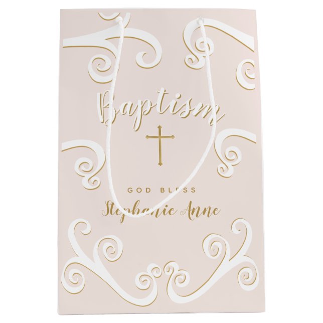 Baptism Scrolls in Pink and Gold Medium Gift Bag (Front)