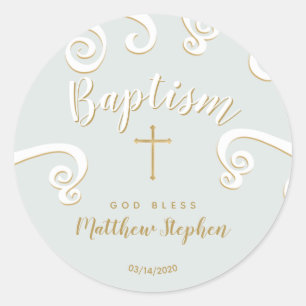 Baptism Scrolls in Powder Blue and Gold Classic Round Sticker