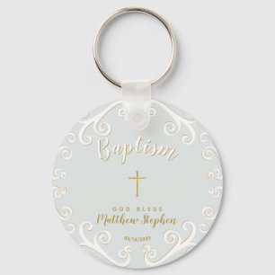 Baptism Scrolls in Powder Blue and Gold Key Ring