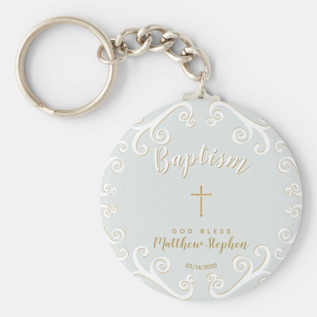 Baptism Scrolls in Powder Blue and Gold Key Ring (Front)