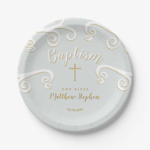 Baptism Scrolls in Powder Blue and Gold Paper Plate
