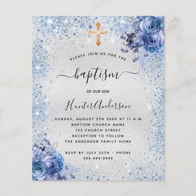 Baptism silver blue boy floral budget invitation flyer (Front)