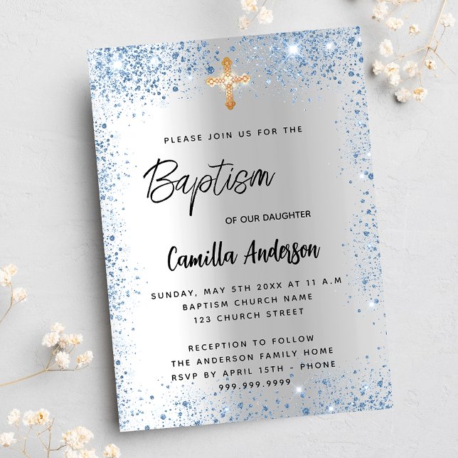 Baptism silver blue boy glitter cross luxury invitation (Creator Uploaded)