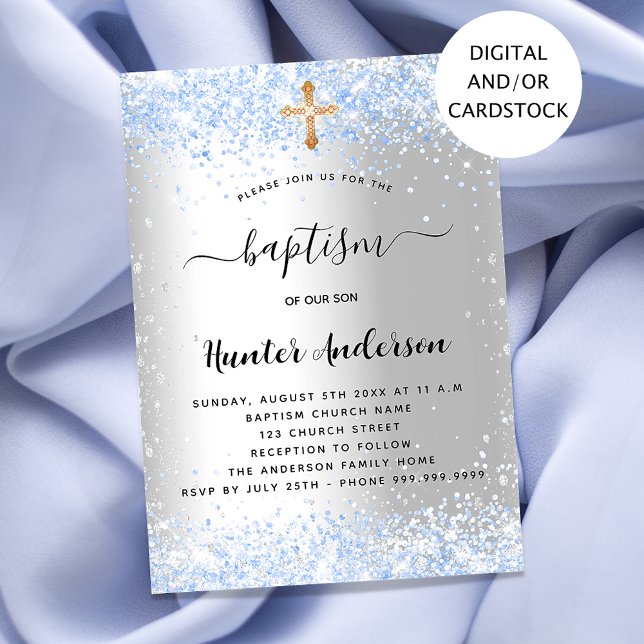 Baptism silver blue confetti baby boy invitation (Creator Uploaded)