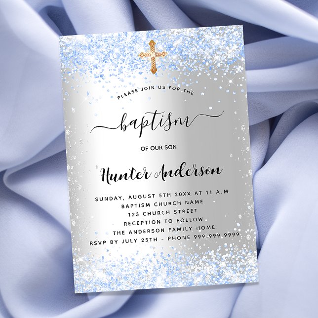 Baptism silver blue confetti baby boy invitation postcard (Creator Uploaded)