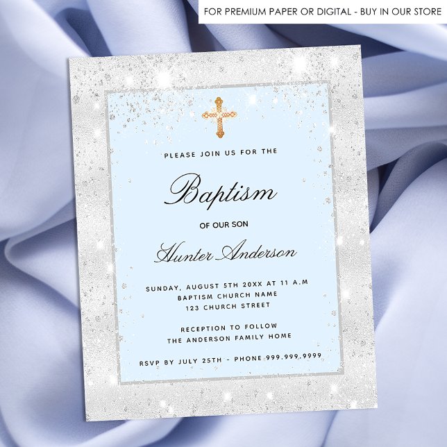 Baptism silver blue glitter boy cross invitation (Creator Uploaded)