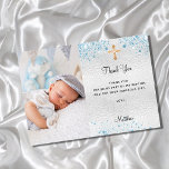 Baptism silver blue photo boy thank you card<br><div class="desc">A modern and elegant baptism thank you card. A faux silver metallic looking background decorated with blue faux glitter dust.  Personalise and add your photo of the child,  thank you note and name.</div>