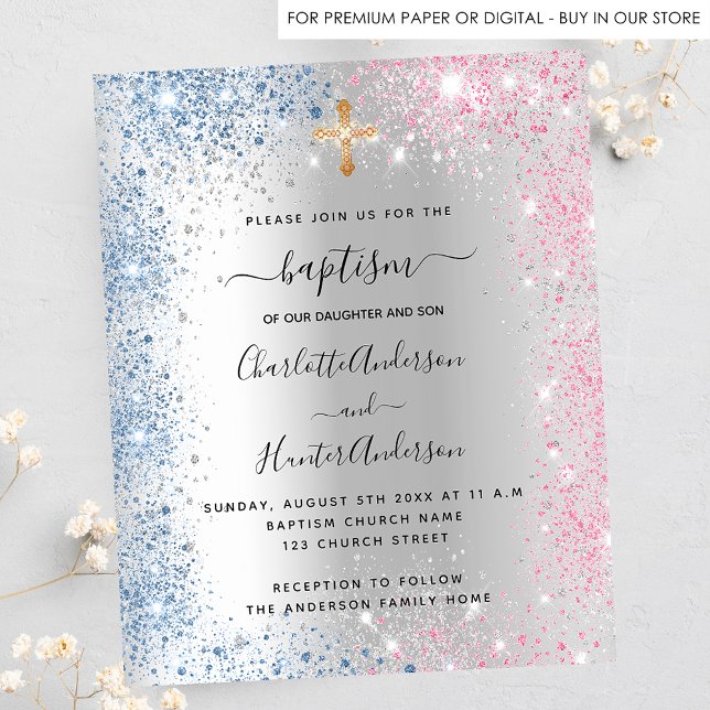 Baptism silver blue pink twins boy girl invitation (Creator Uploaded)