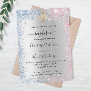 Baptism silver blue pink twins boy girl luxury invitation