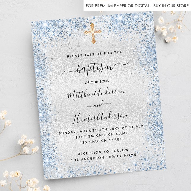 Baptism silver blue twin boys budget invitation (Creator Uploaded)