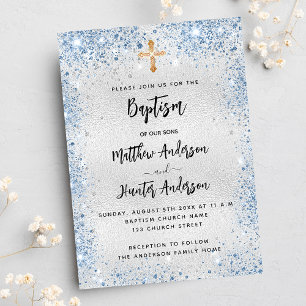 Baptism silver blue twin boys luxury invitation