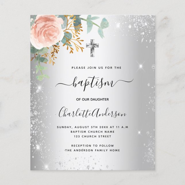 Baptism Silver blush floral eucalyptus invitation (Front)
