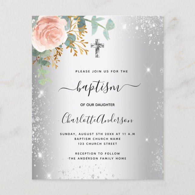 Baptism silver blush floral eucalyptus invitation (Front)