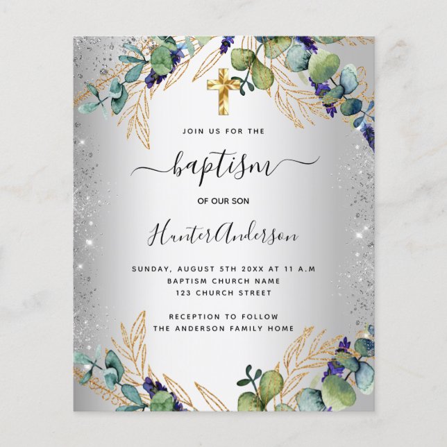 Baptism silver eucalyptus greenery invitation (Front)