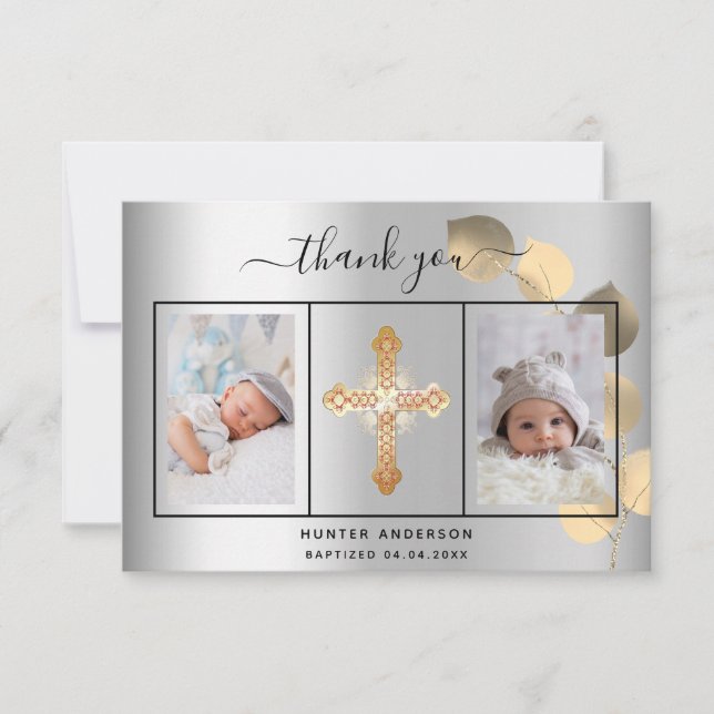 Baptism silver eucalyptus photo boy thank you card (Front)