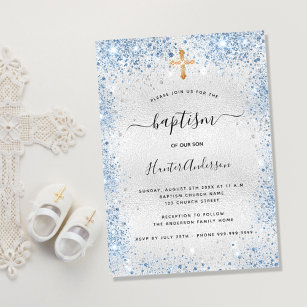 Baptism silver glitter dust blue boy elegant invitation