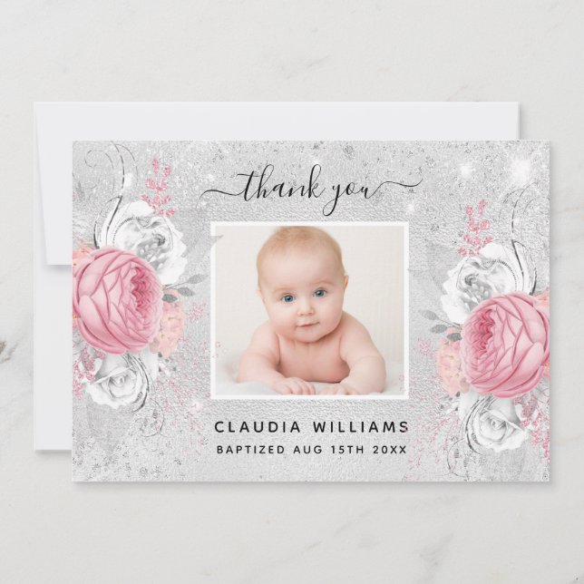 Baptism silver glitter pink florals photo girl thank you card (Back)