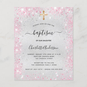 Baptism silver glitter pink girl budget invitation flyer
