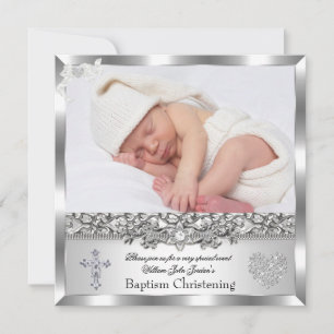 Baptism Silver Photo Heart Cross Boy or Girl Invitation